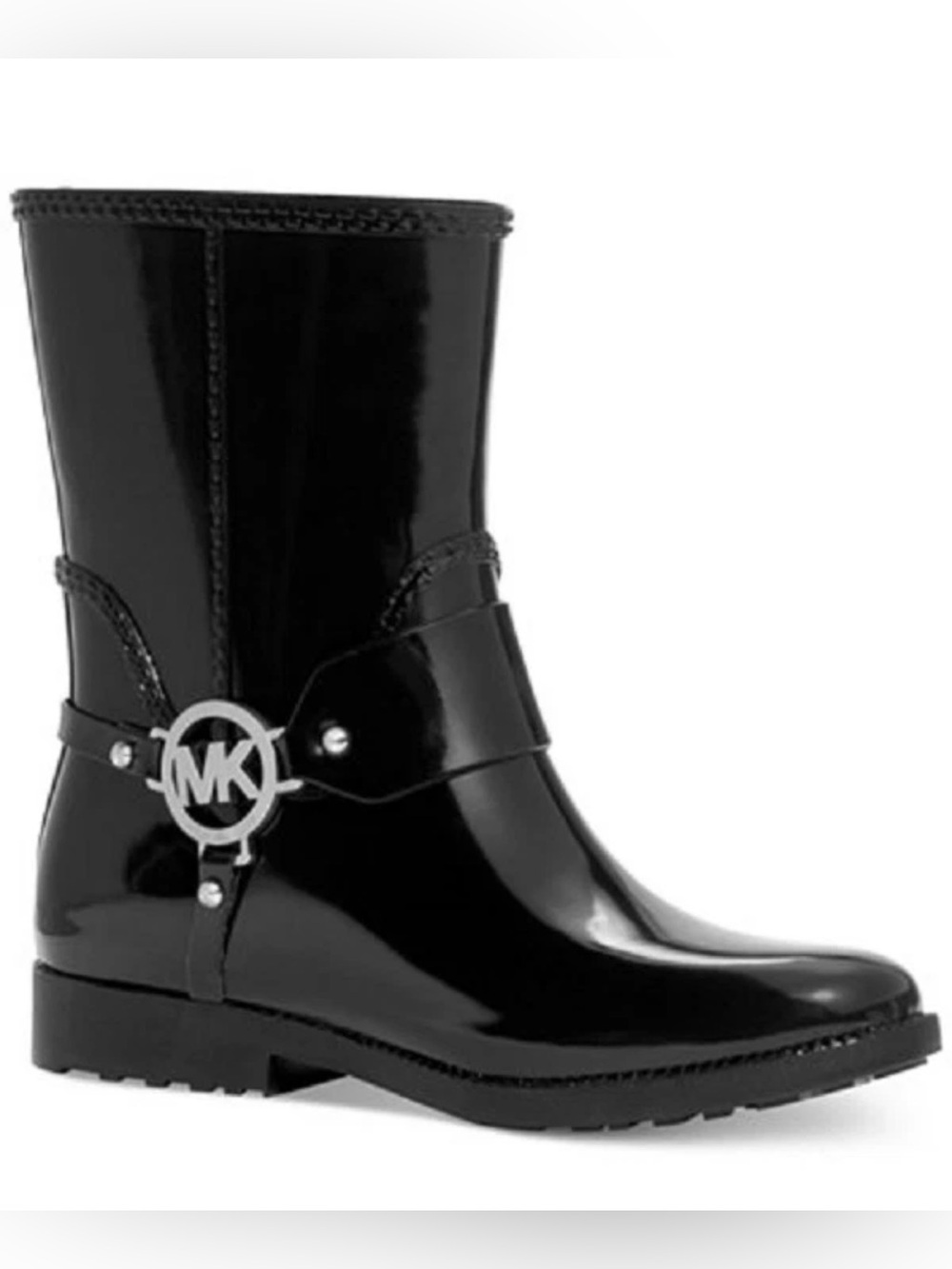 Michael Kors Black Rubber Rain Boots MK Logo Harness Moto Mid Calf Womens 8